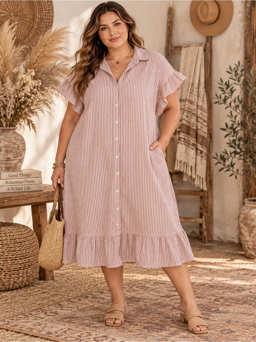 Crown & Ivy Striped Cotton Button Shirt Dress